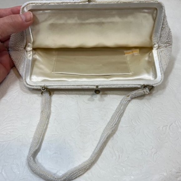 VTG Handmade White Pearl Beads Floral Pattern Kiss Lock Evening Purse Handbag - Picture 7 of 12